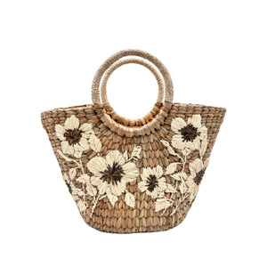 Beige Floral Seagrass Bag - image