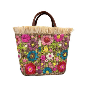 Floral Seagrass Bag with Fringe - image